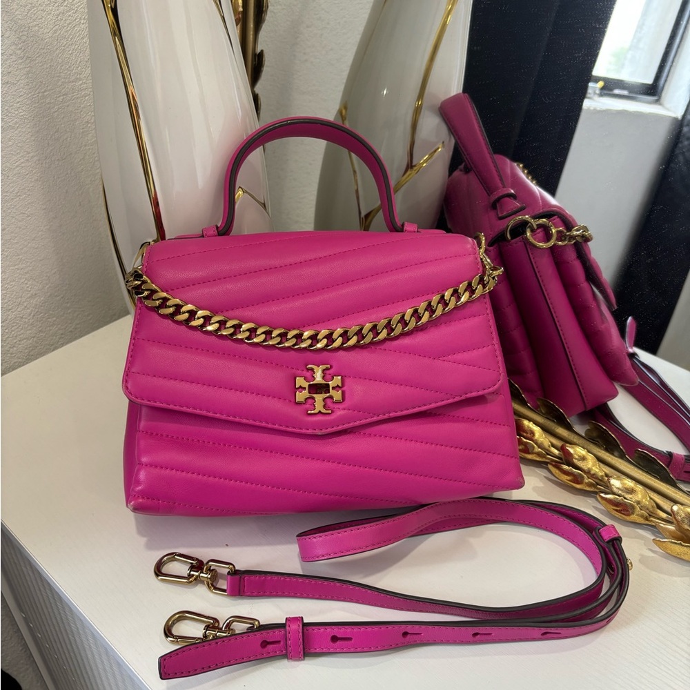 Tory Burch Pink and Gold Satchel with Chain Detail